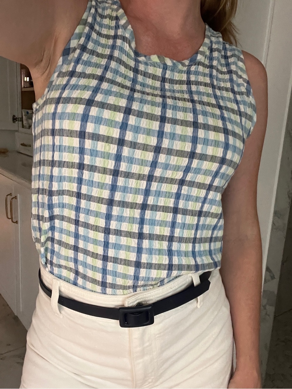Vintage sea sucker Blue, White & Light Green Plaid Sleeveless Tank
